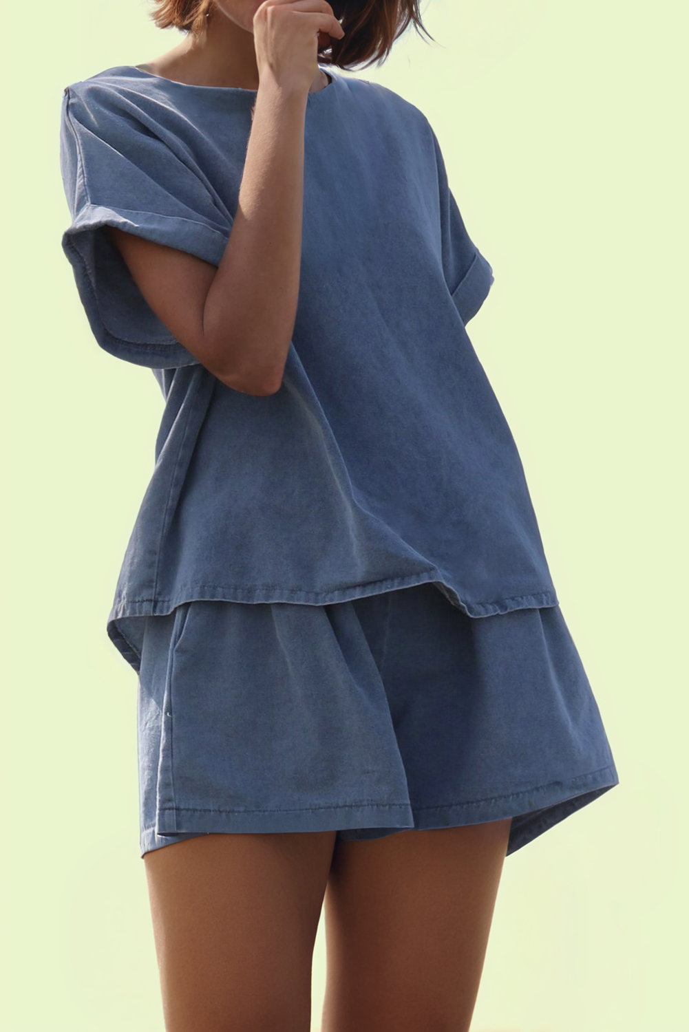 Denim Cuffed Sleeve Tee Elastic Shorts Set