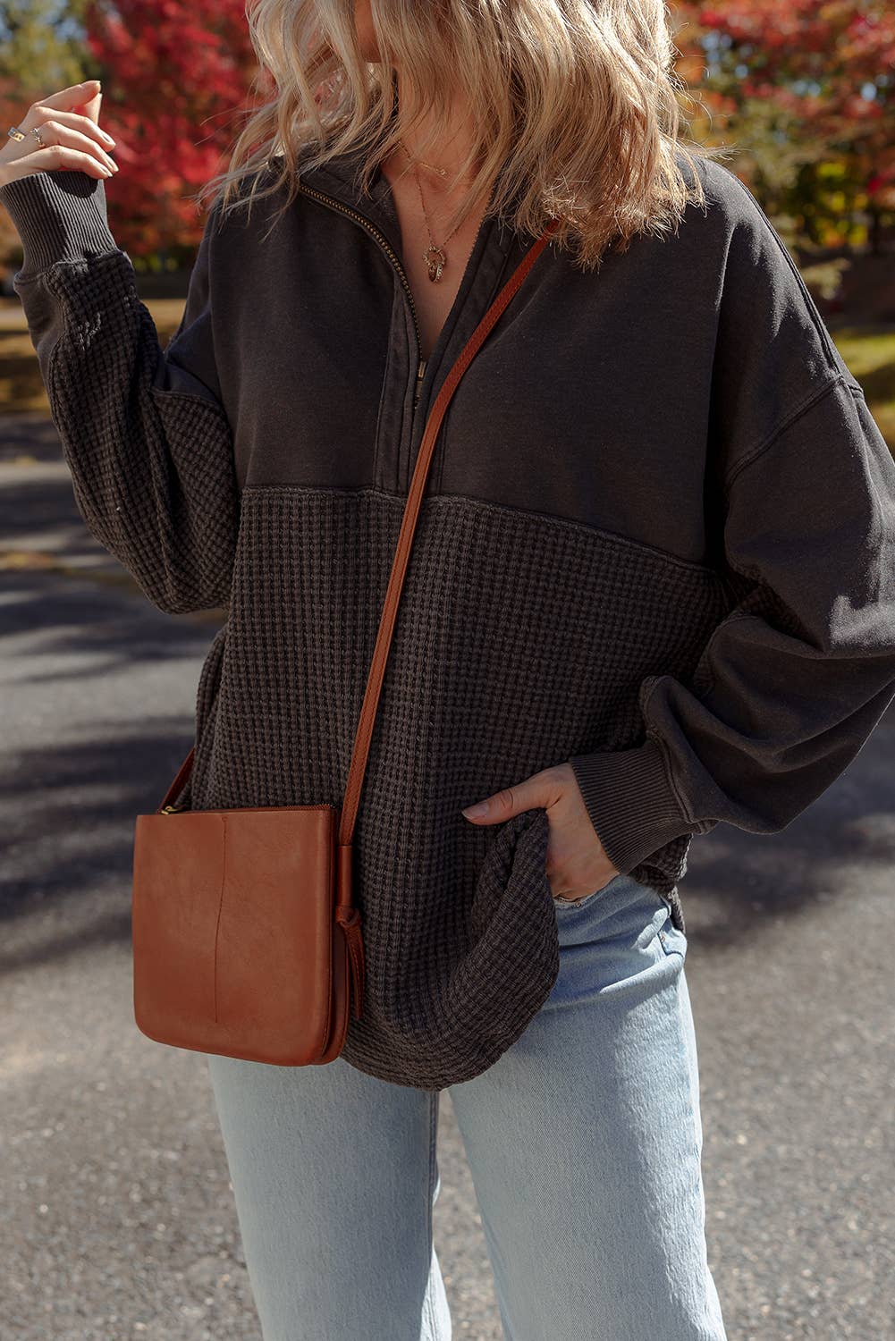 Waffle Knit Patchwork Half Zipped Casual Sweatshirt