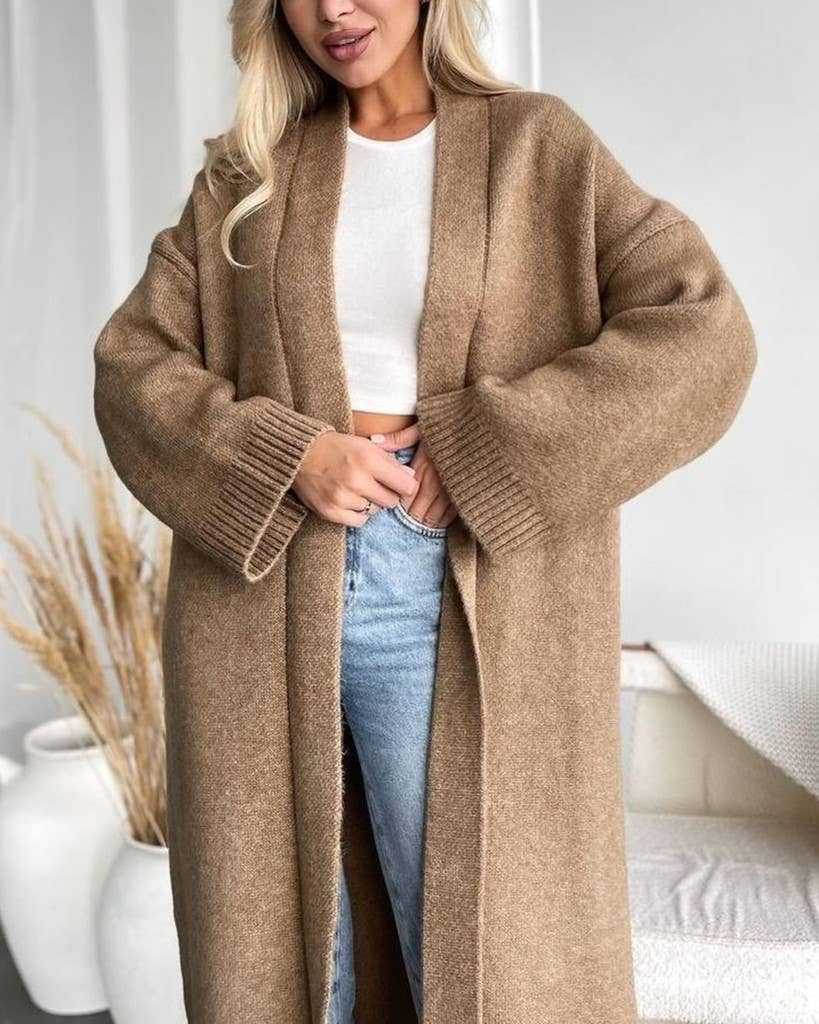 Elegant Collarless Open Front Long Cardigan