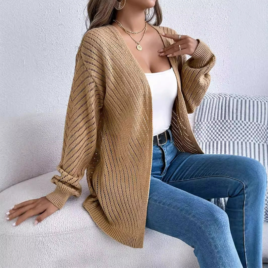 Casual Solid Color Hollow Long Sleeve Knit Cardigan