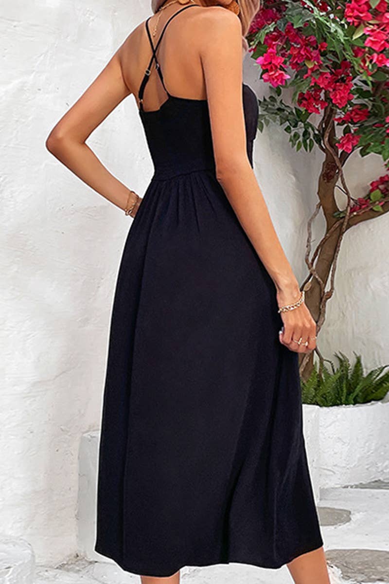 TIGHTEN WAIST CROSS BACK STRAP MIDI DRESS
