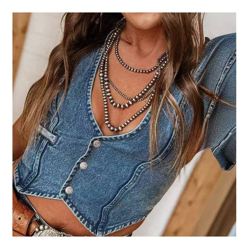 Sleeveless V-Neck Denim Vest In Solid Color