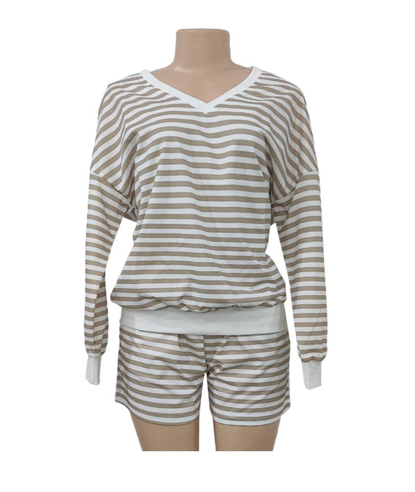 Striped V-Neck Oversized Sweatshirt And Shorts Set