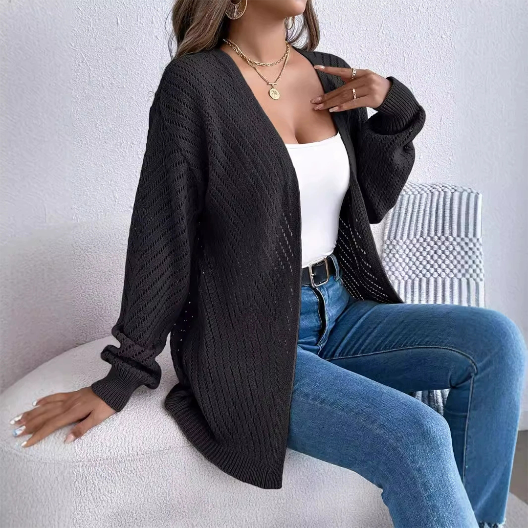 Casual Solid Color Hollow Long Sleeve Knit Cardigan