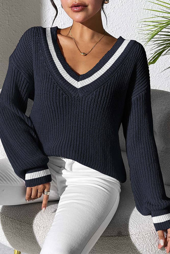 V Neck Long Sleeves Knitting Pullover Sweater