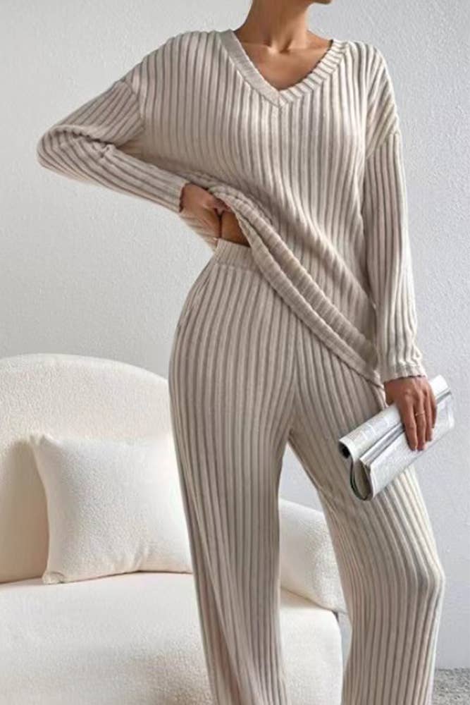 Solid Color 2pcs V Neck Rib Long Sleeves Top With Pants