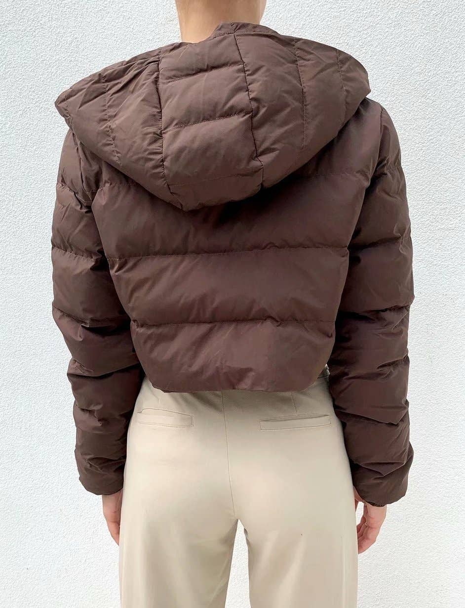Hooded puffer zip up crop jacket