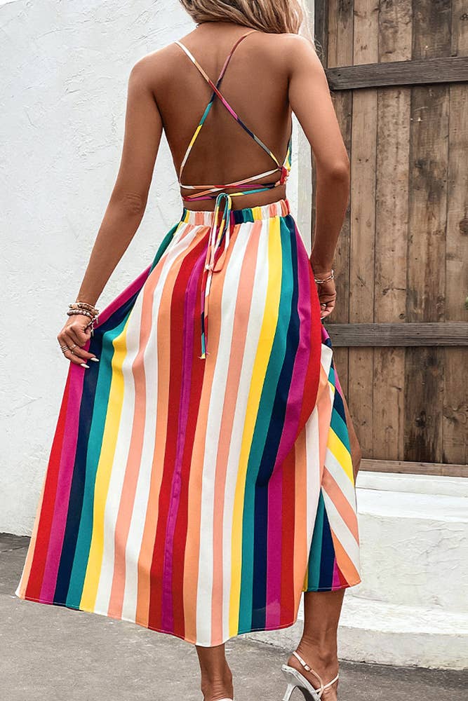 Multicolor Striped Spaghetti Strap Backless Dress
