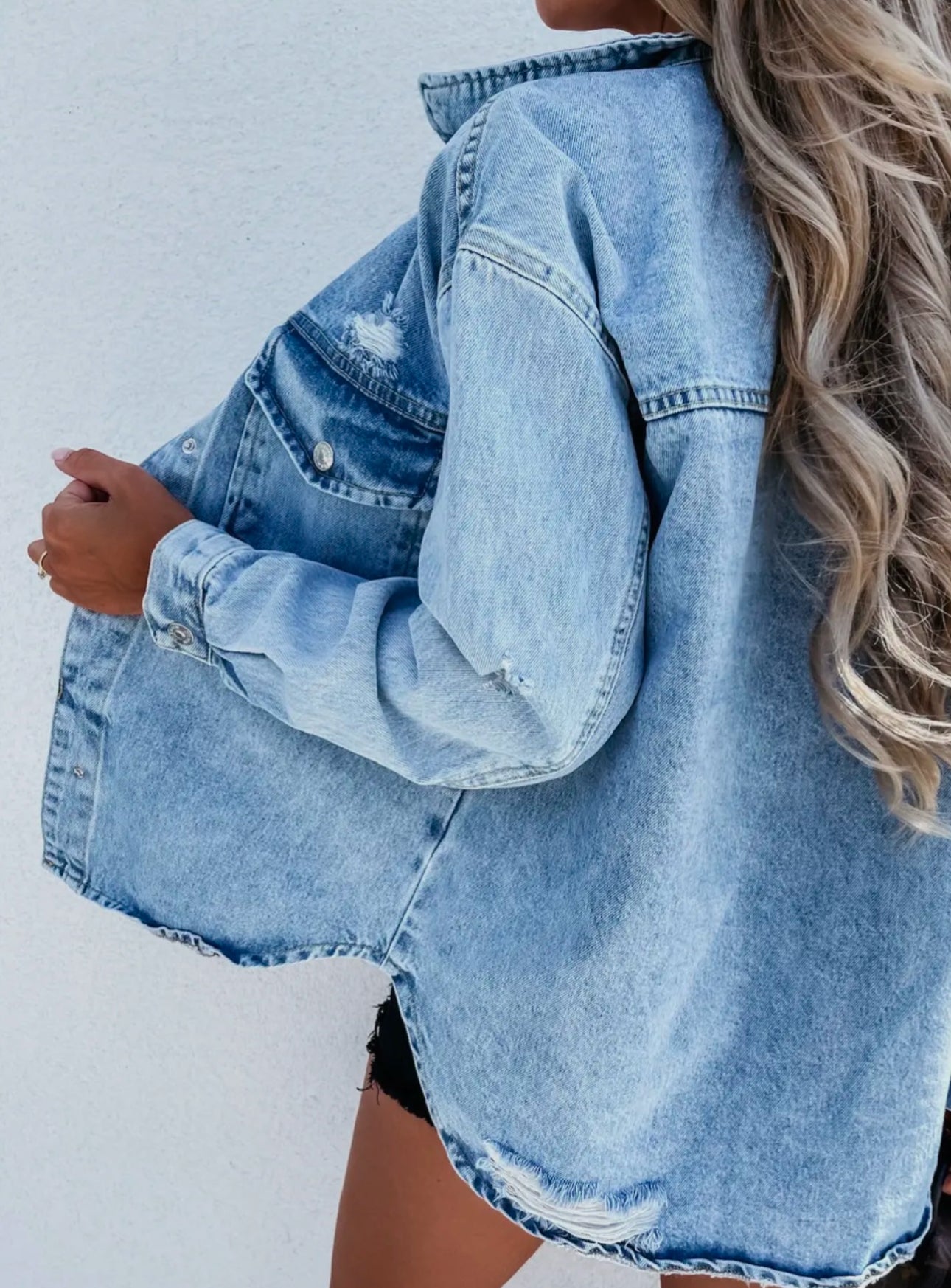 Washed Ribbed Long-Sleeve Denim Jacket