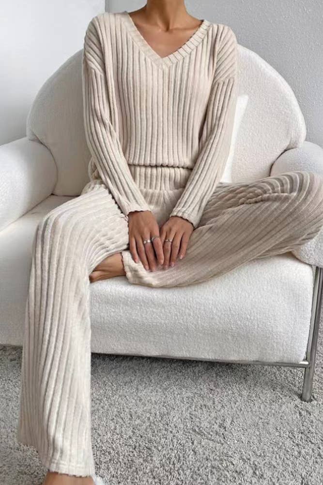 Solid Color 2pcs V Neck Rib Long Sleeves Top With Pants