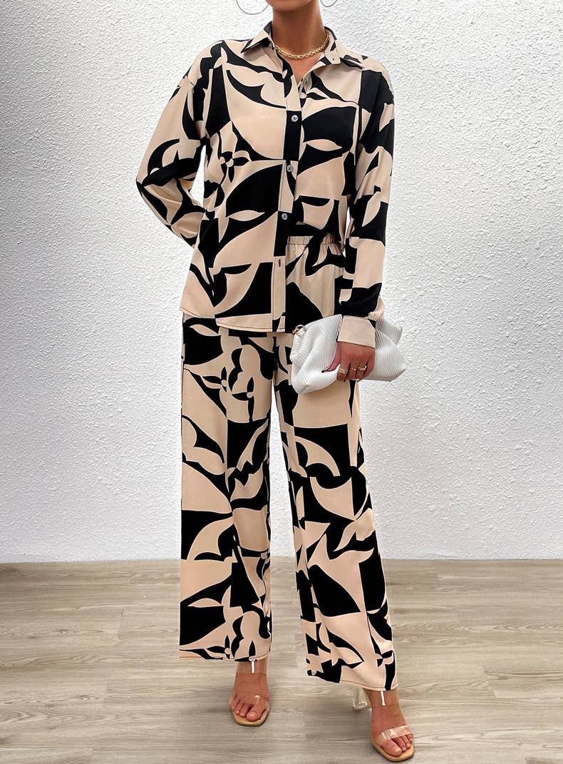 Printed Long-Sleeved Shirt And Trousers Two-Piece Set