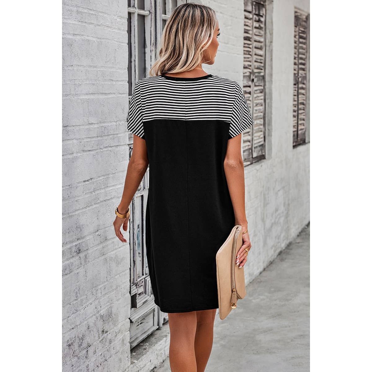 Strip Round Neck Loose Fit Shirt Midi Dress