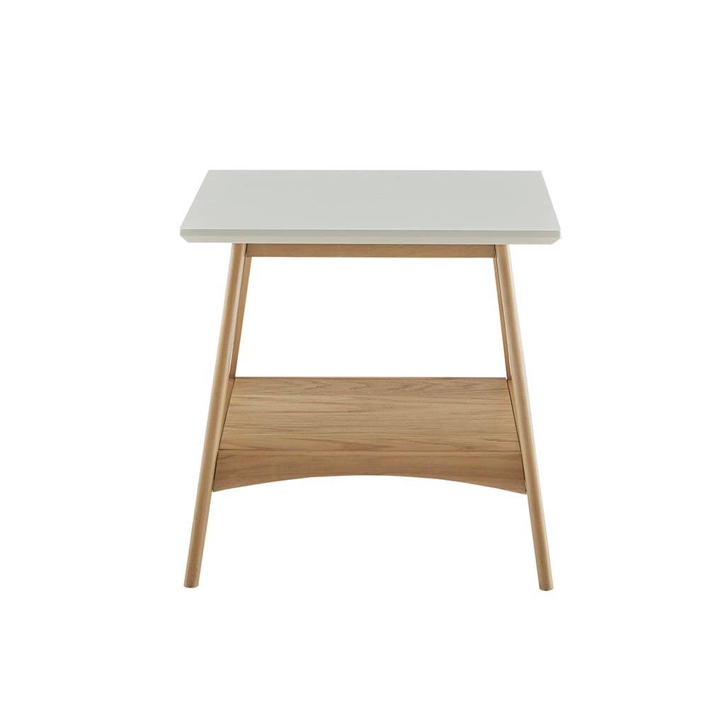 Midcentury Natural Wood Side Table with Bottom Shelf