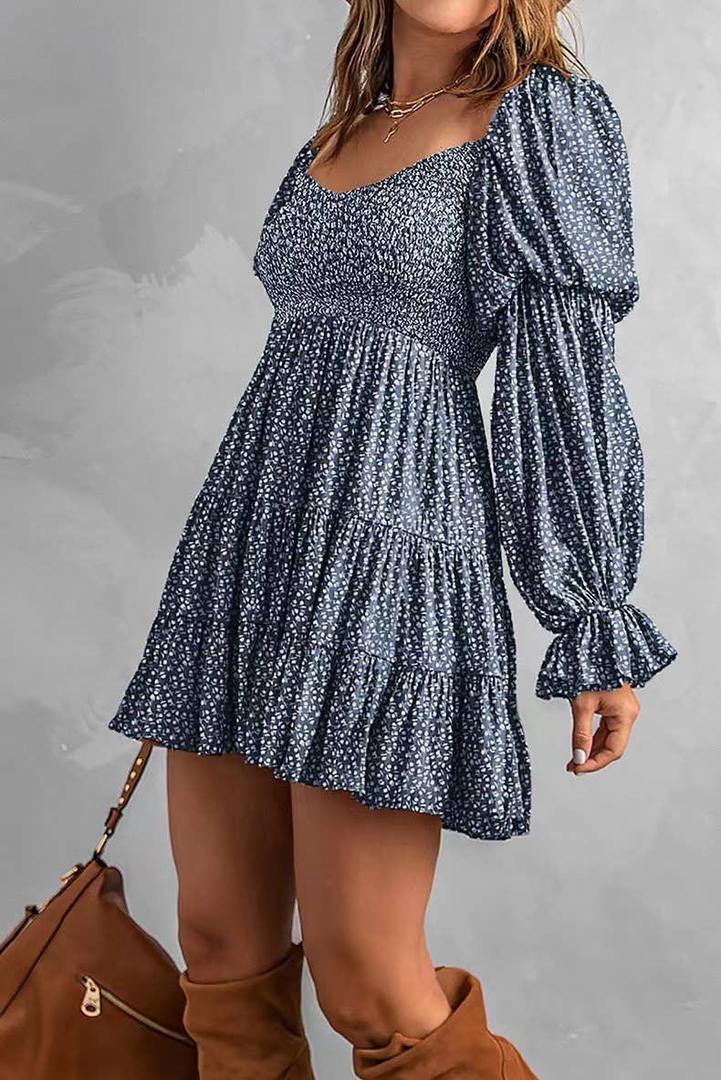 Smocked Lantern Sleeves Floral Tiered Dress