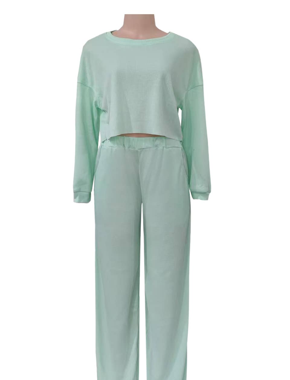 2piece Waffle Long Sleeve Crop Top & Wide Leg Pant Set