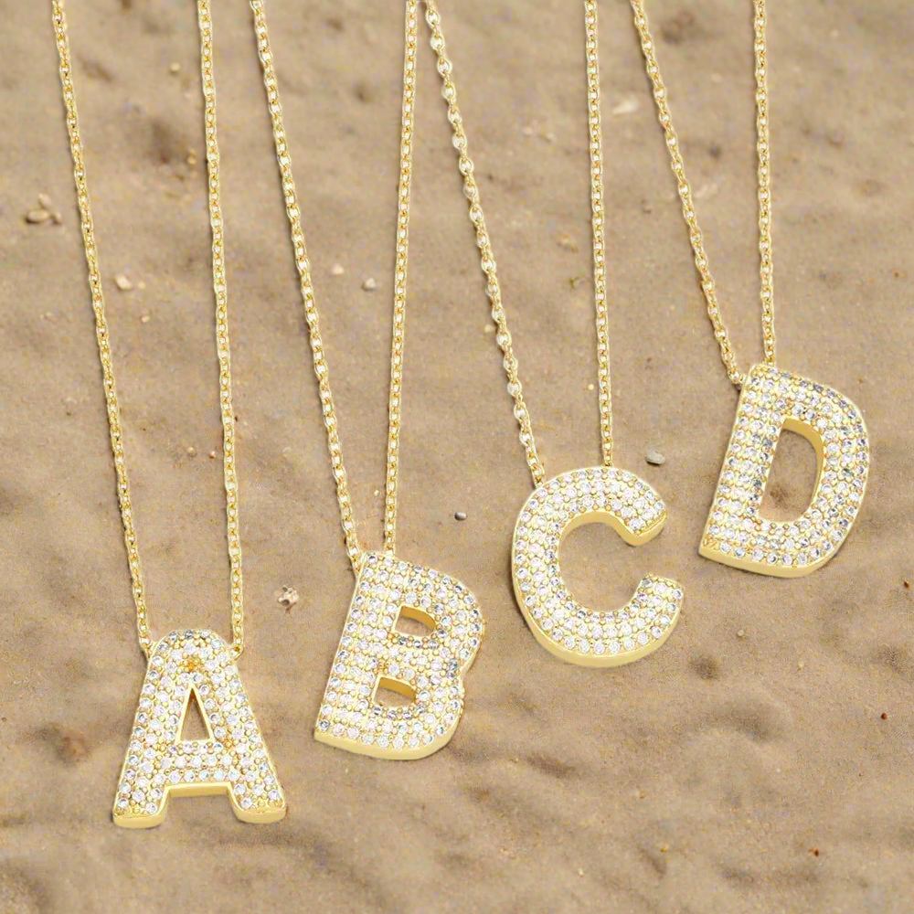 Gold Rhinestone Letter Initial Pendant Necklace Jewelry