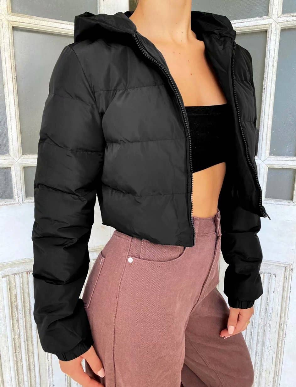 Hooded puffer zip up crop jacket