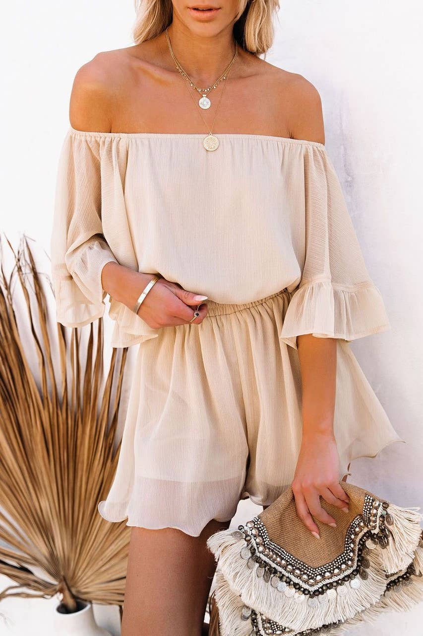 Chiffon off shoulder ruffle tiered romper