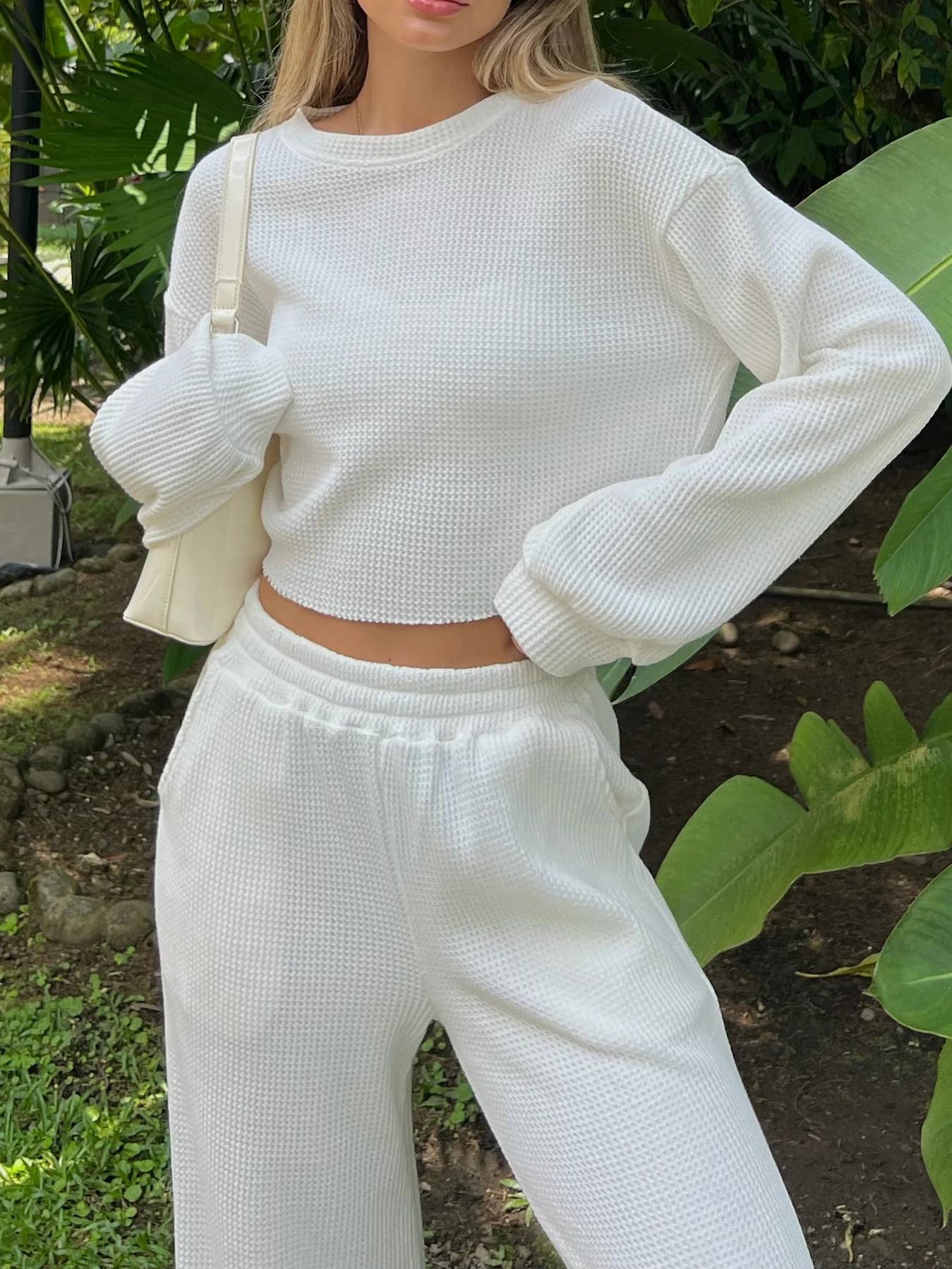 2piece Waffle Long Sleeve Crop Top & Wide Leg Pant Set