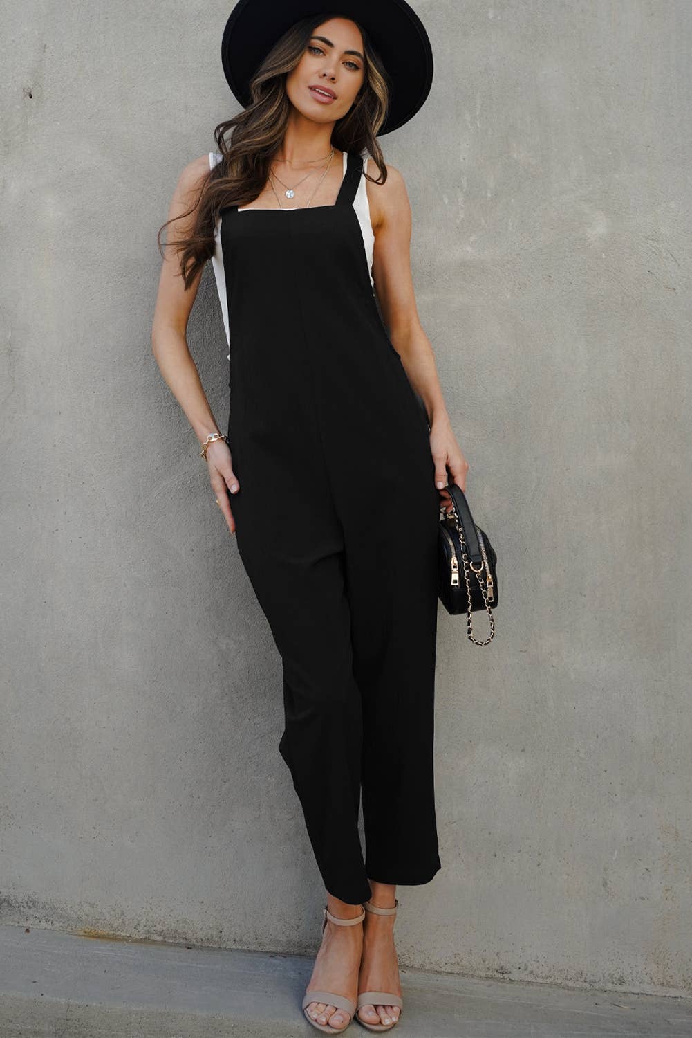 Black Adjustable Buckle Straps Cropped Jumpsuit