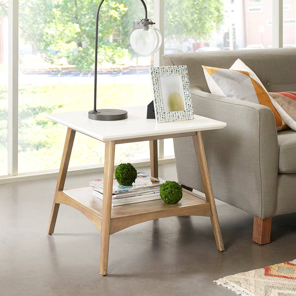 Midcentury Natural Wood Side Table with Bottom Shelf