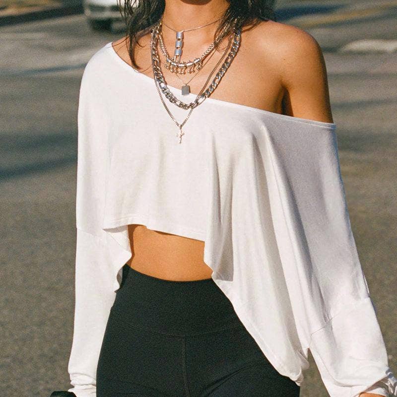 Solid slanted shoulder crop top T-shirt