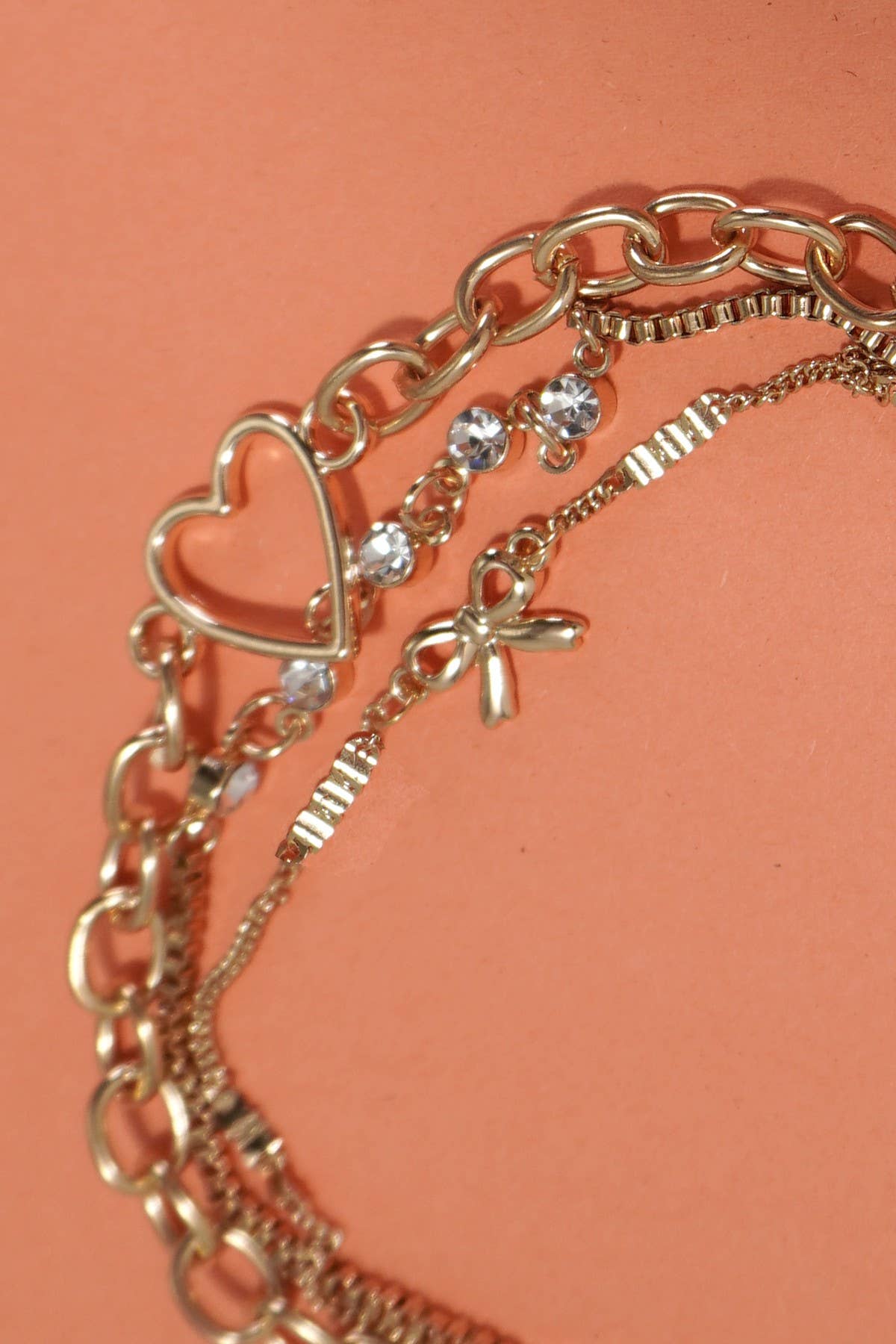 MULTI LAYER BOW HEART STATION RHINESTONE BRACELET
