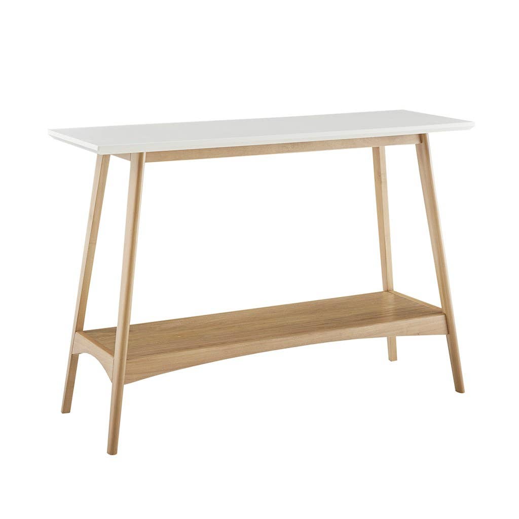 Midcentury Natural Wood Console Table with Bottom Shelf