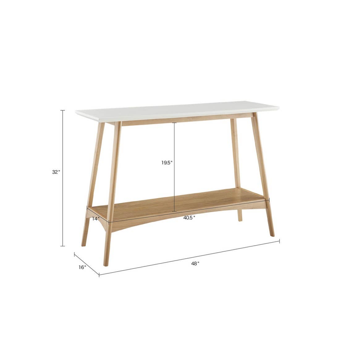 Midcentury Natural Wood Console Table with Bottom Shelf