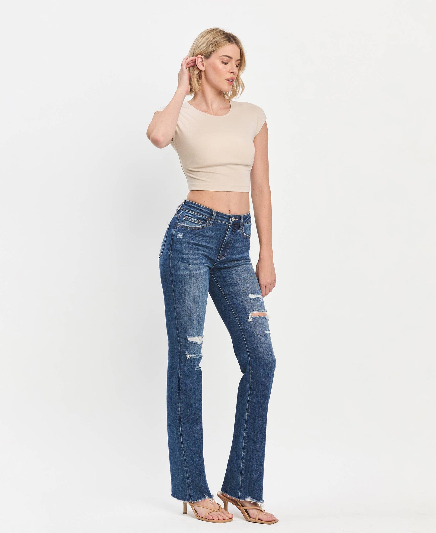 HIGH RISE RAW HEM BOOTCUT JEANS