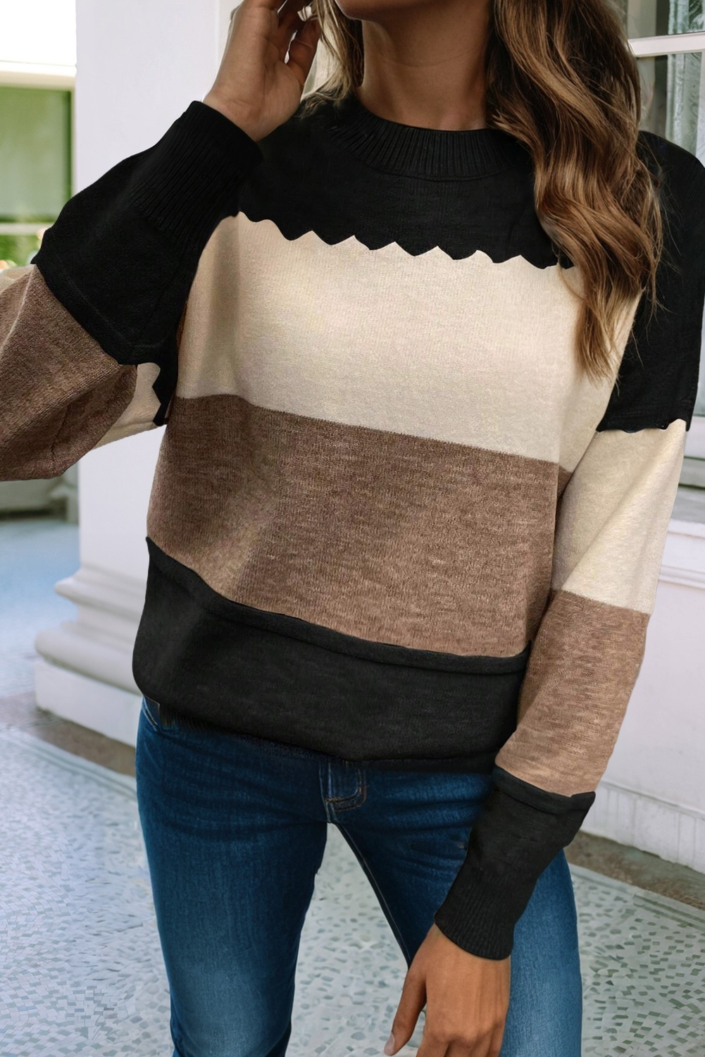 Colorblock Crew Neck Drop Shoulder Sweater