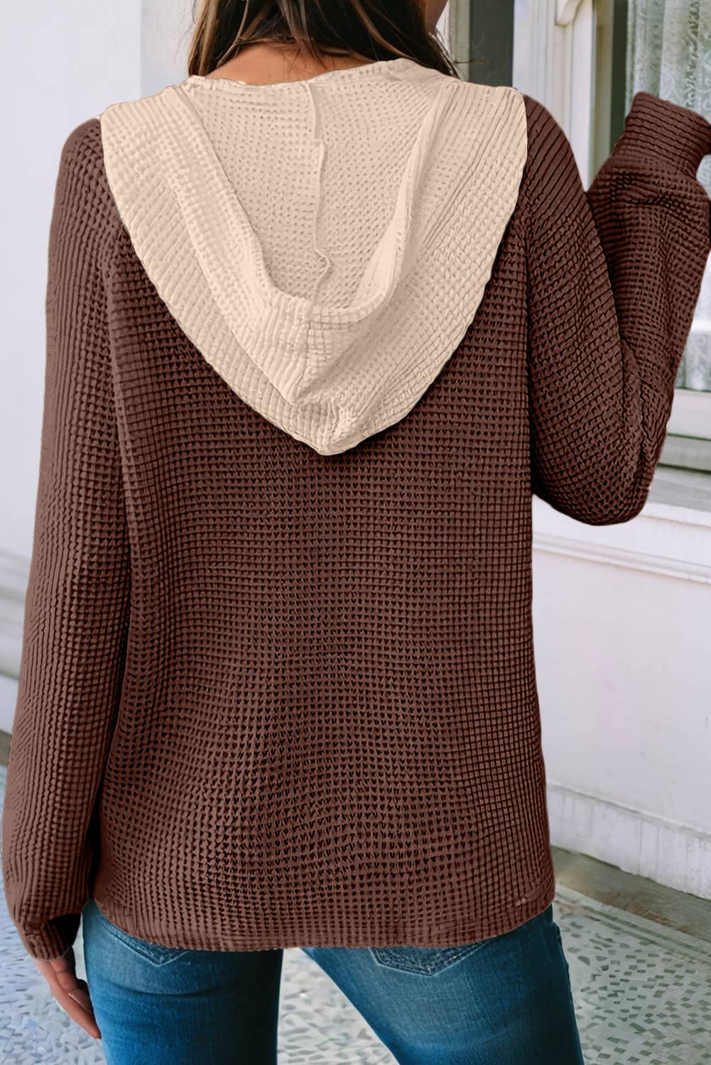 Waffle Contrast Half Buttoned Hooded Pullover Top