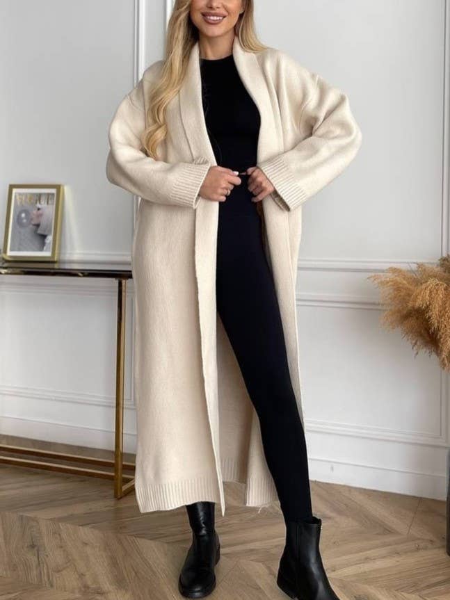Elegant Collarless Open Front Long Cardigan