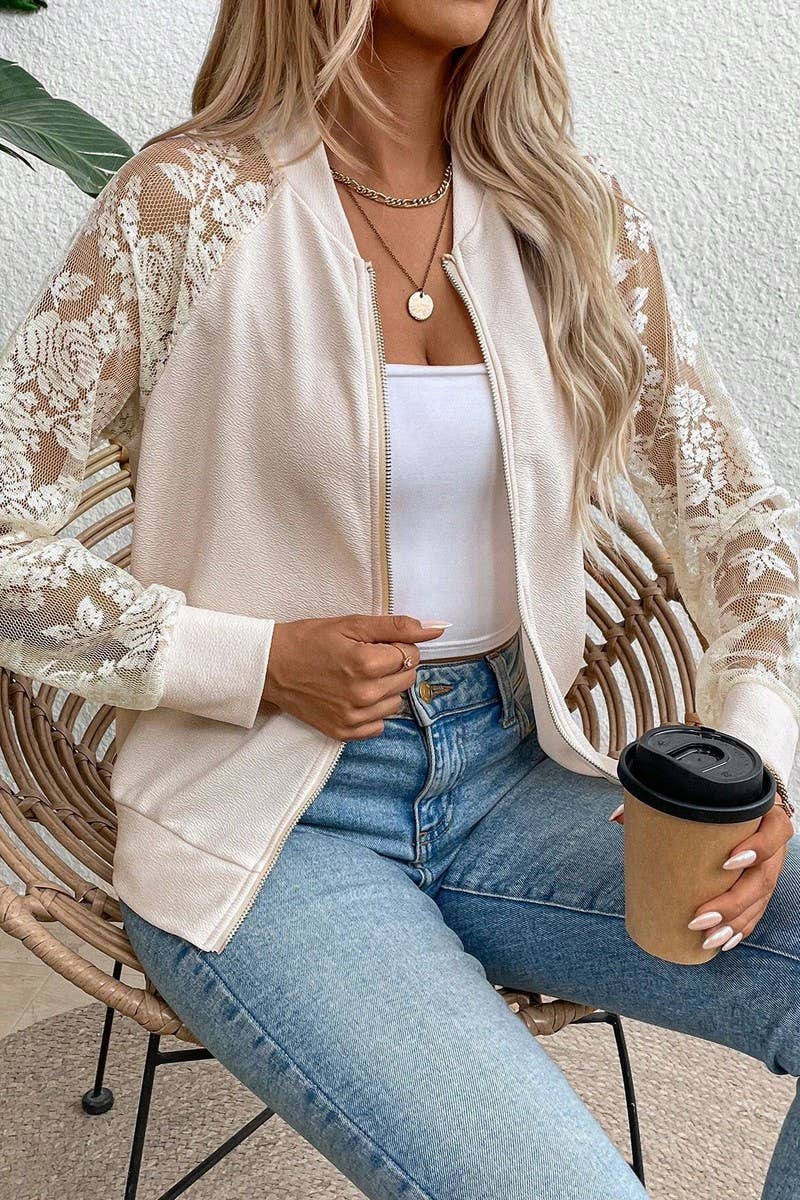 LACE PANEL LONG SLEEVE BASEBALL COLLAR JACKET TOP