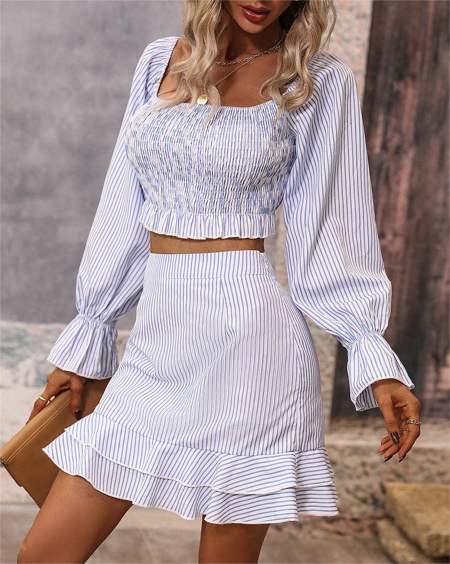 Strip top shirt pencil skirt two-piece set women
