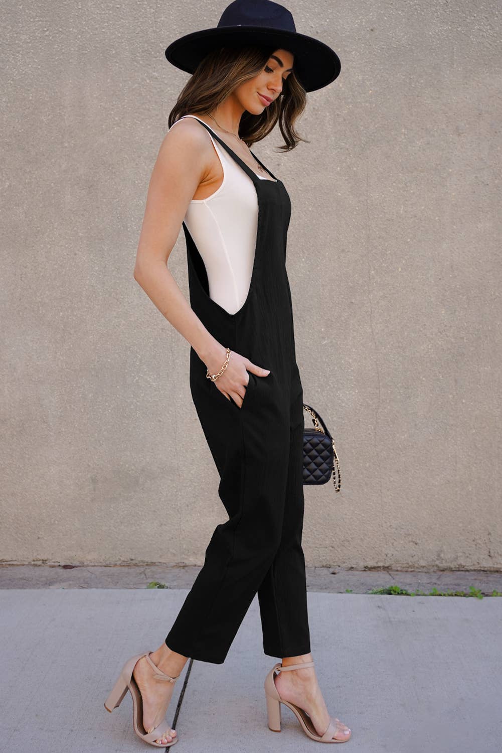 Black Adjustable Buckle Straps Cropped Jumpsuit
