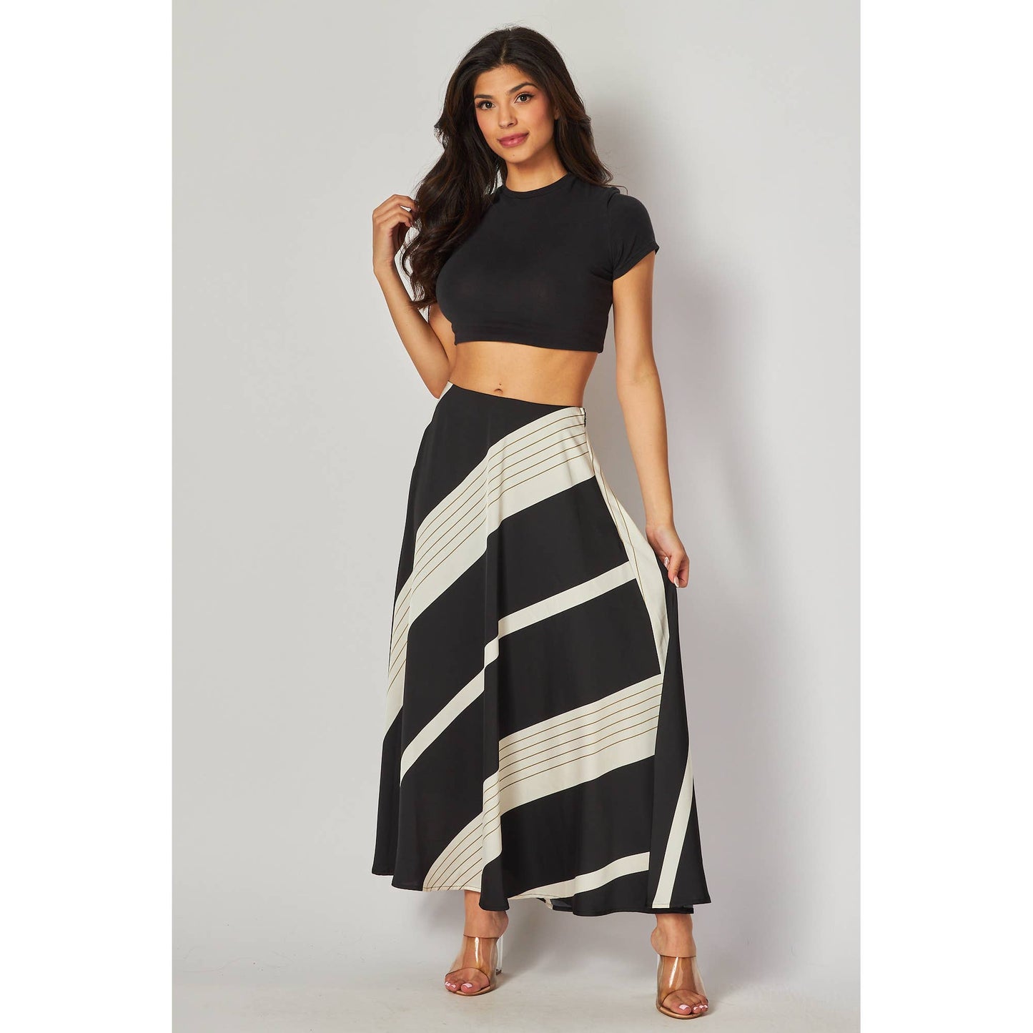 SOLID AND STRIPE MIXED A LINE SKIRT