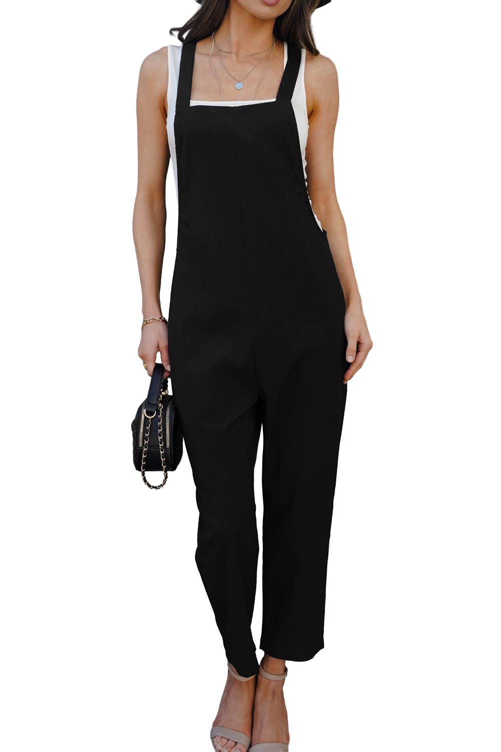 Black Adjustable Buckle Straps Cropped Jumpsuit