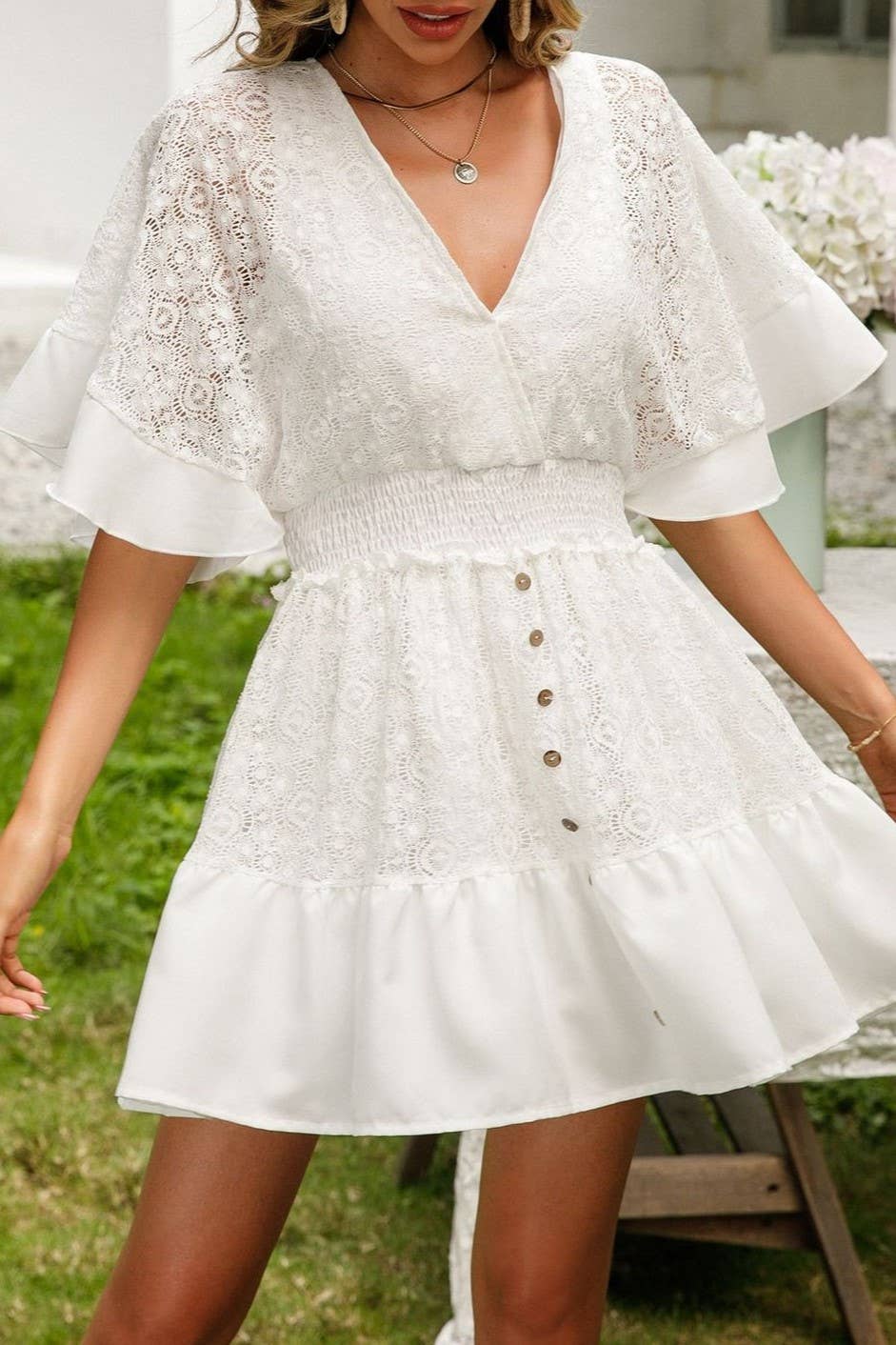 Crochet lace bat wing sleeve mini dress