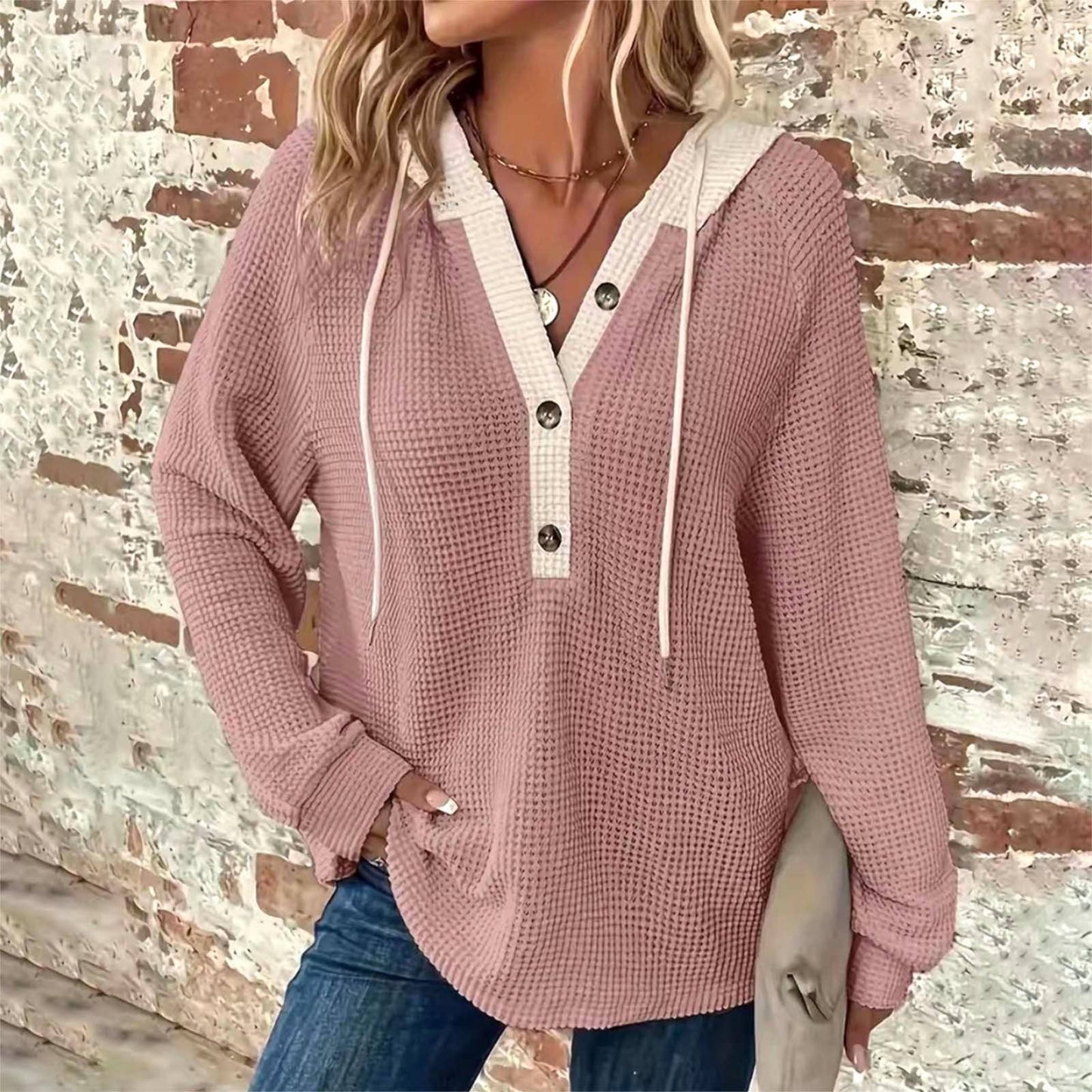Long-sleeved hooded waffle sweatshirt