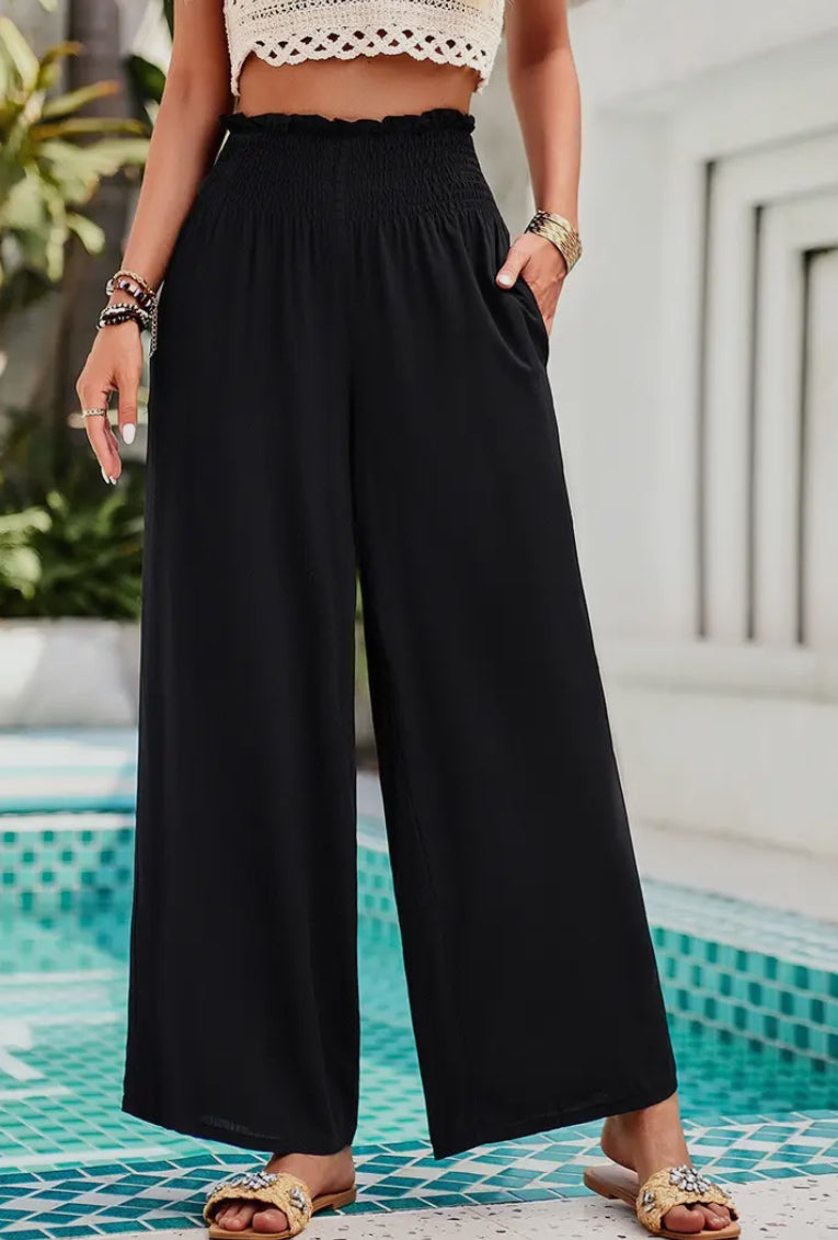 High Elastic Waist Wide Straight Leg Pocket Pants
