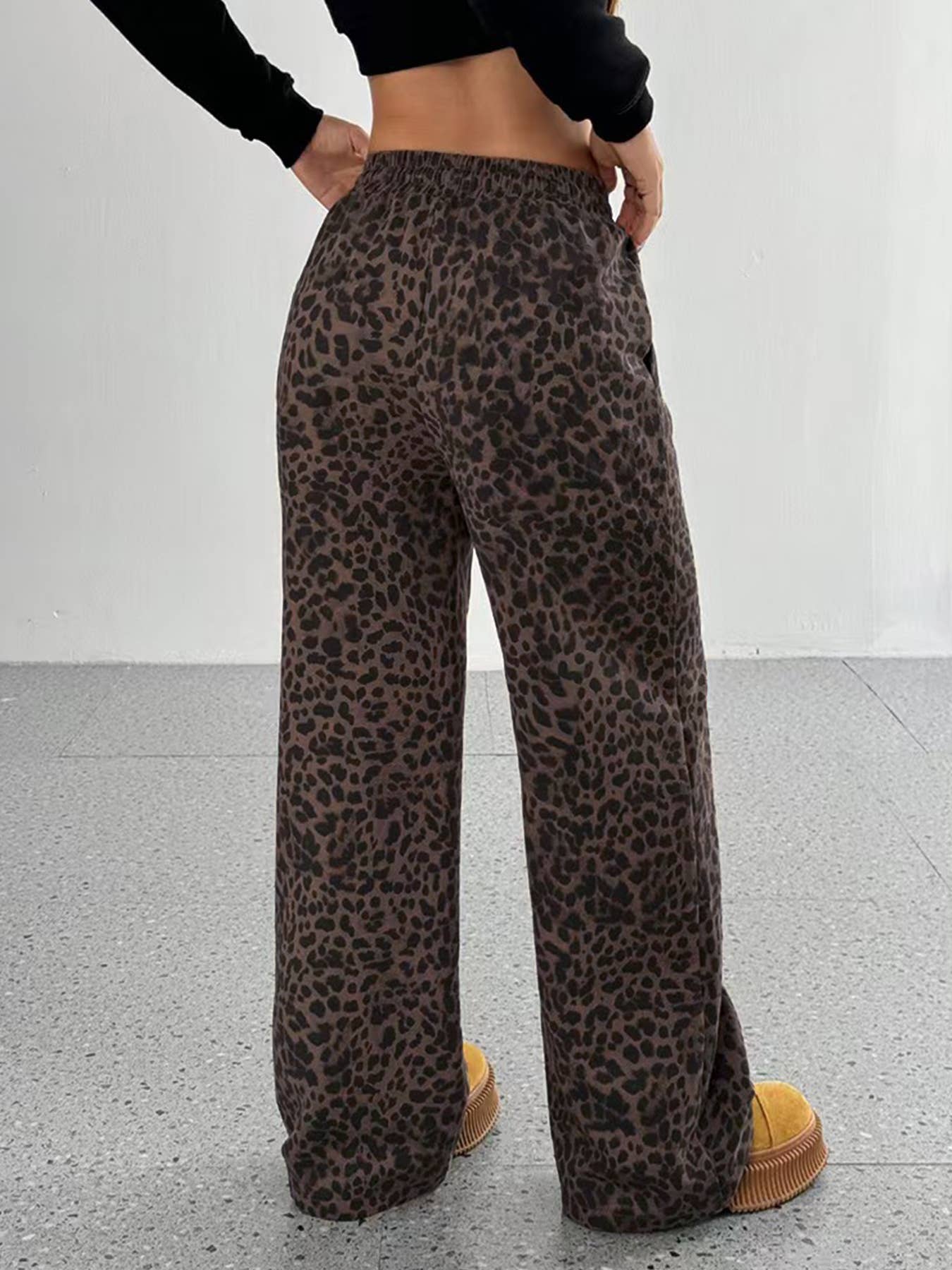 Casual Drawstring Leopard Print Wide-Leg Pants