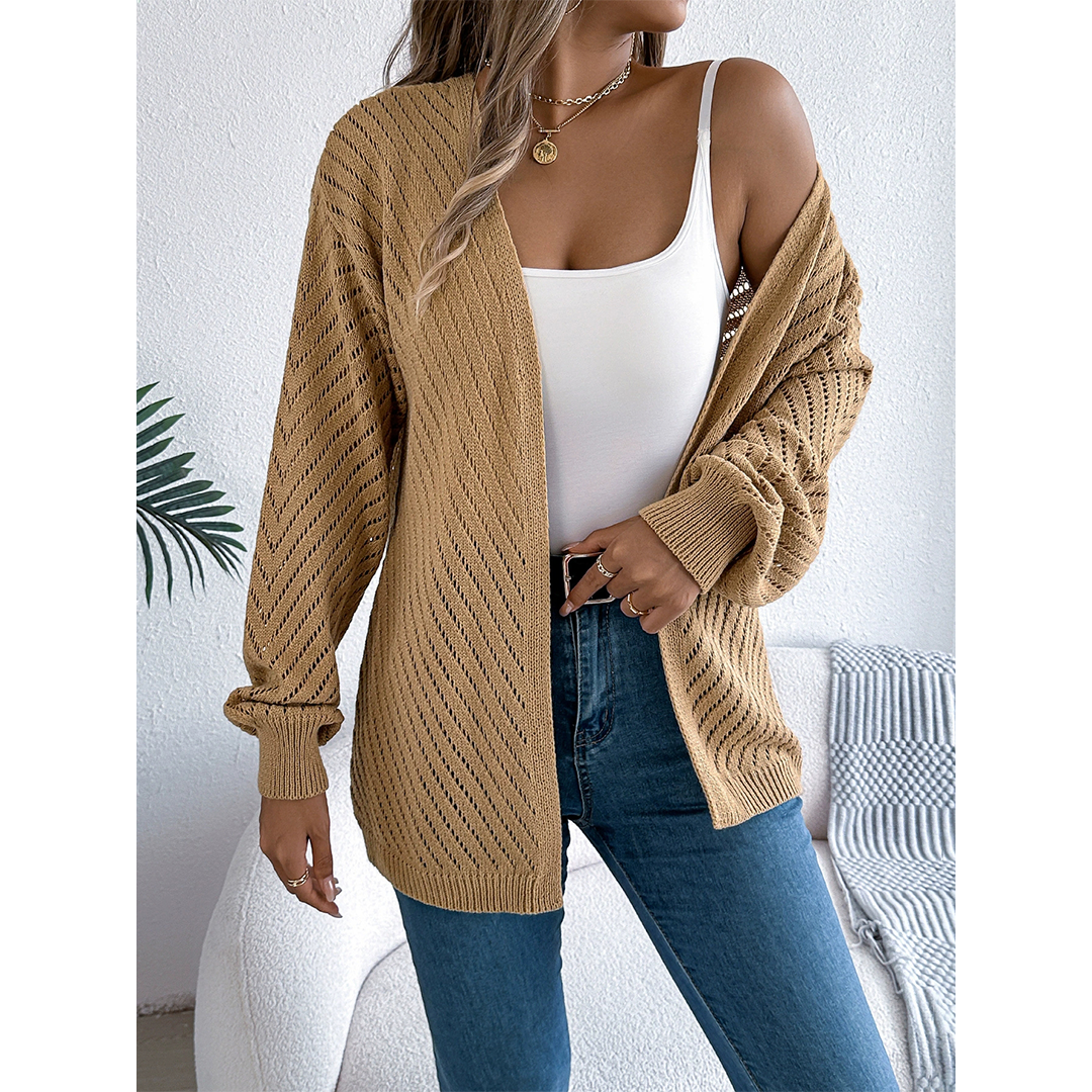 Casual Solid Color Hollow Long Sleeve Knit Cardigan