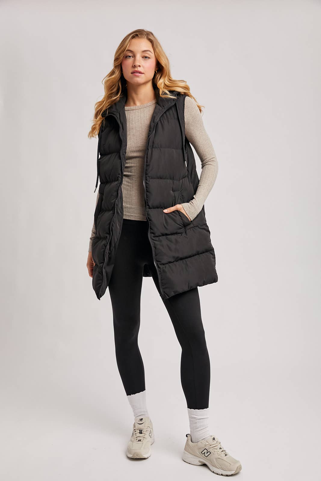 HOODED ZIPPER DOWN LONGLINE PUFFER VEST