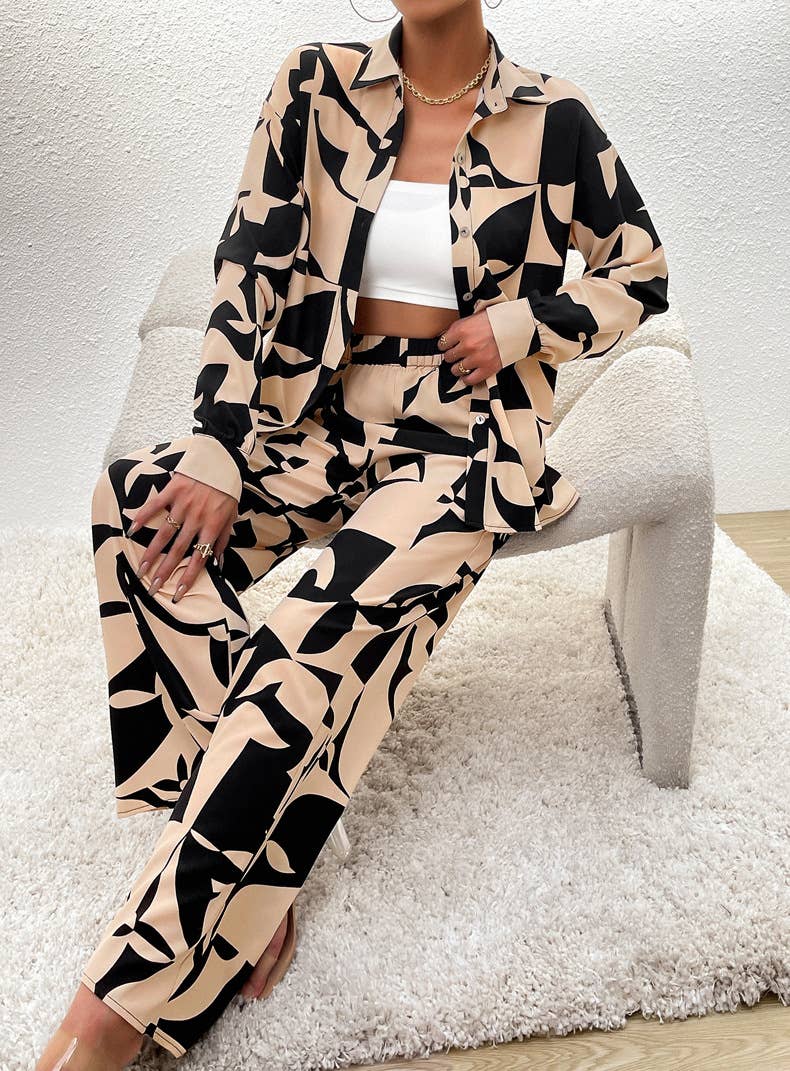 Printed Long-Sleeved Shirt And Trousers Two-Piece Set
