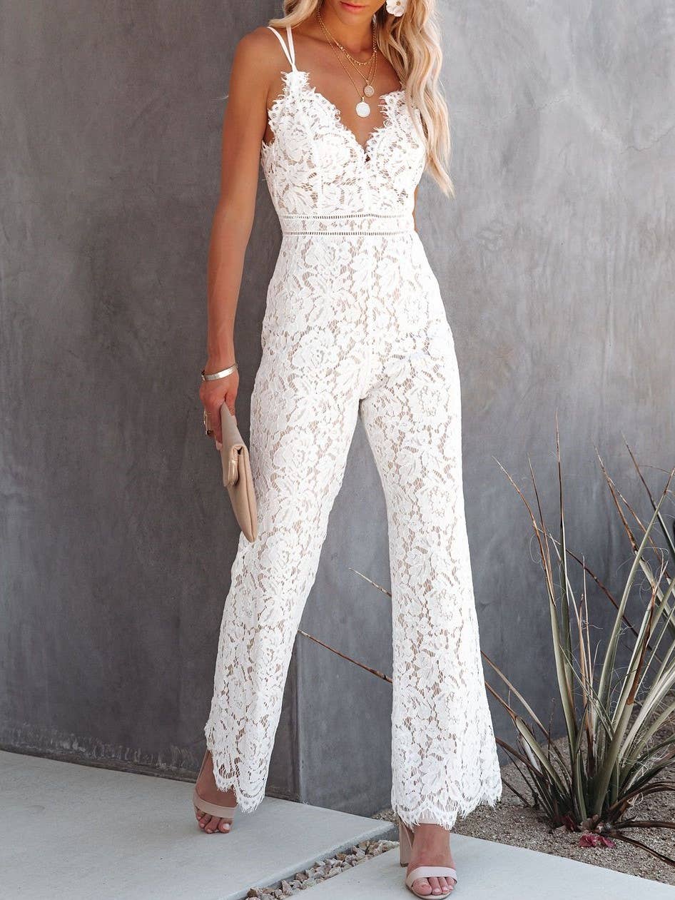 Lace Mid-Rise Casual Smooth Lined Jumpsuit