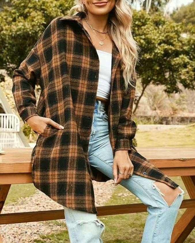 Long-Sleeved Plaid Shacket