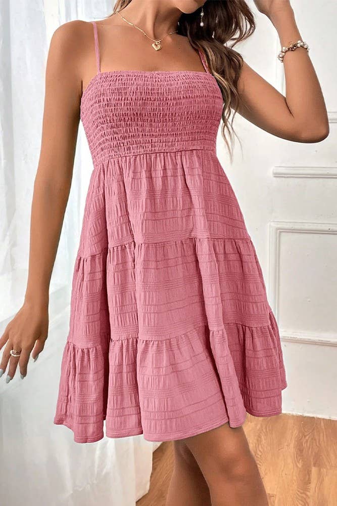 Spring Summer Plain Textured Smocked Cami Dress