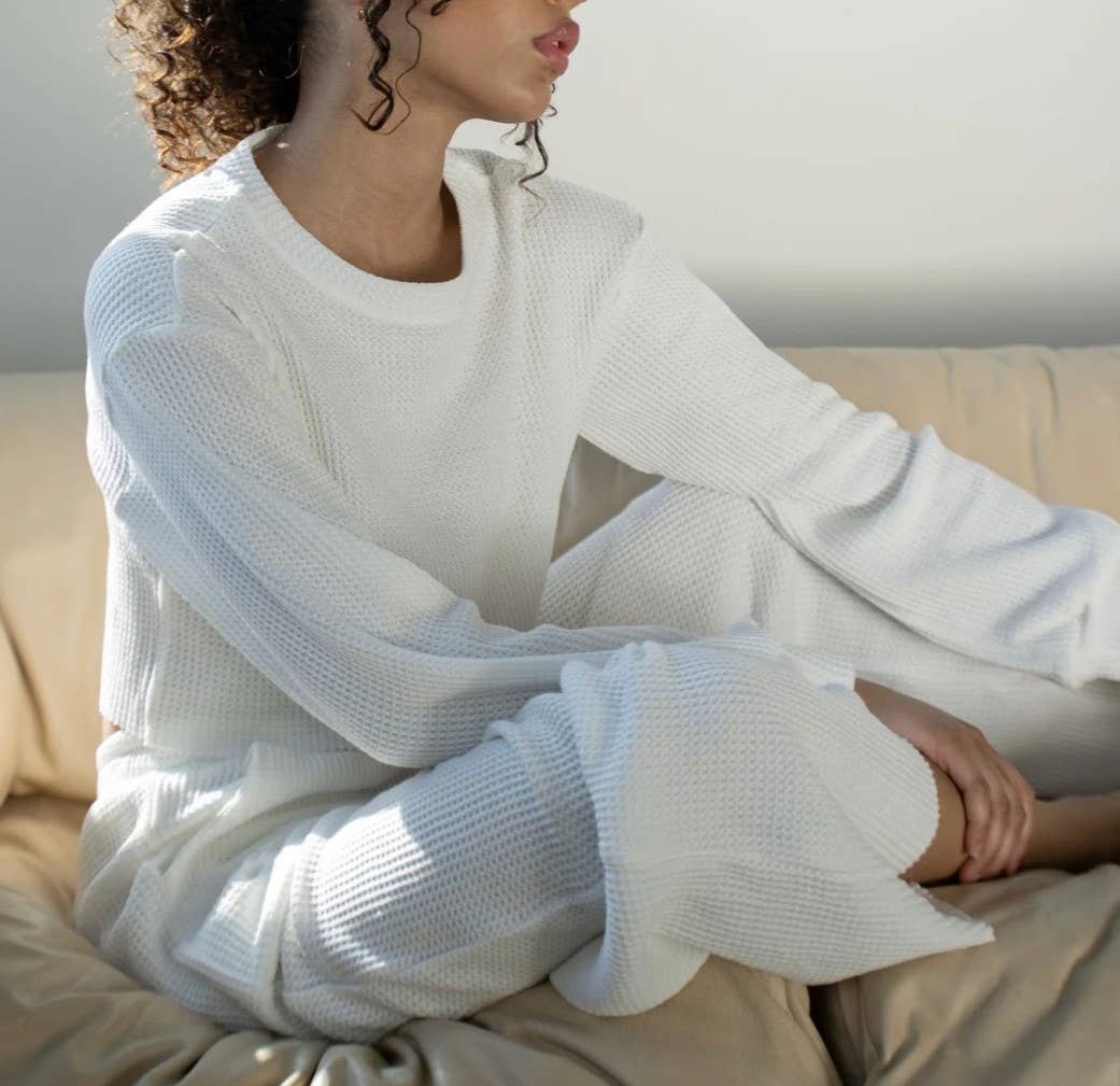 2piece Waffle Long Sleeve Crop Top & Wide Leg Pant Set