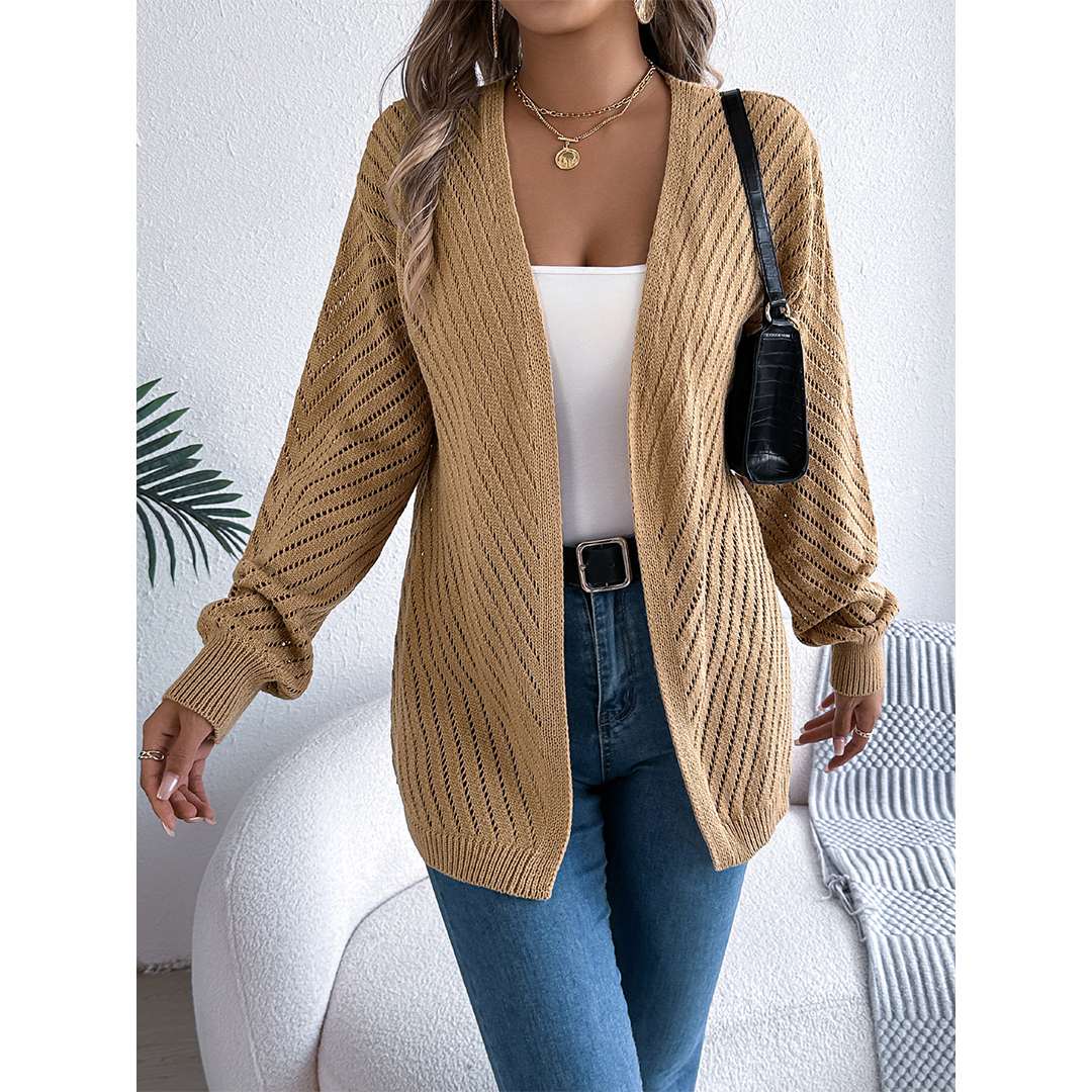 Casual Solid Color Hollow Long Sleeve Knit Cardigan